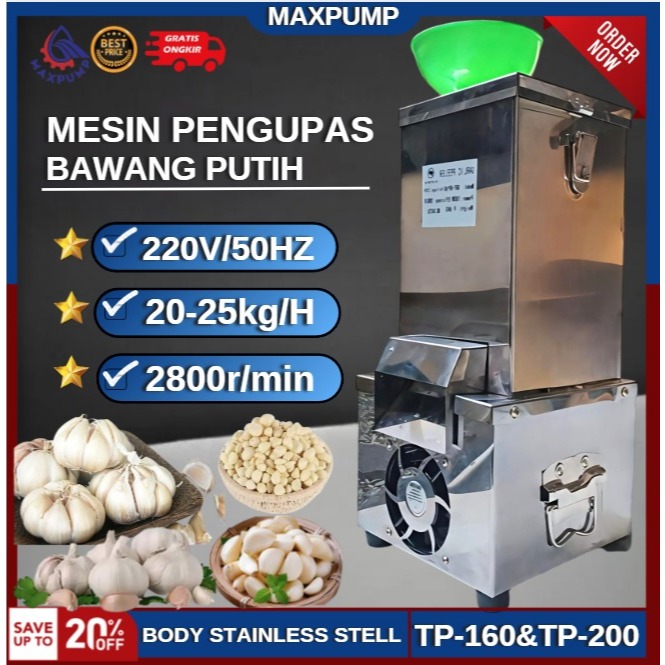 MAXPUMP Mesin Pengupas Bawang Putih Otomatis | 180 Watt, Cocok Dapur & UMKM Kupas Bawang Mesin Kupas
