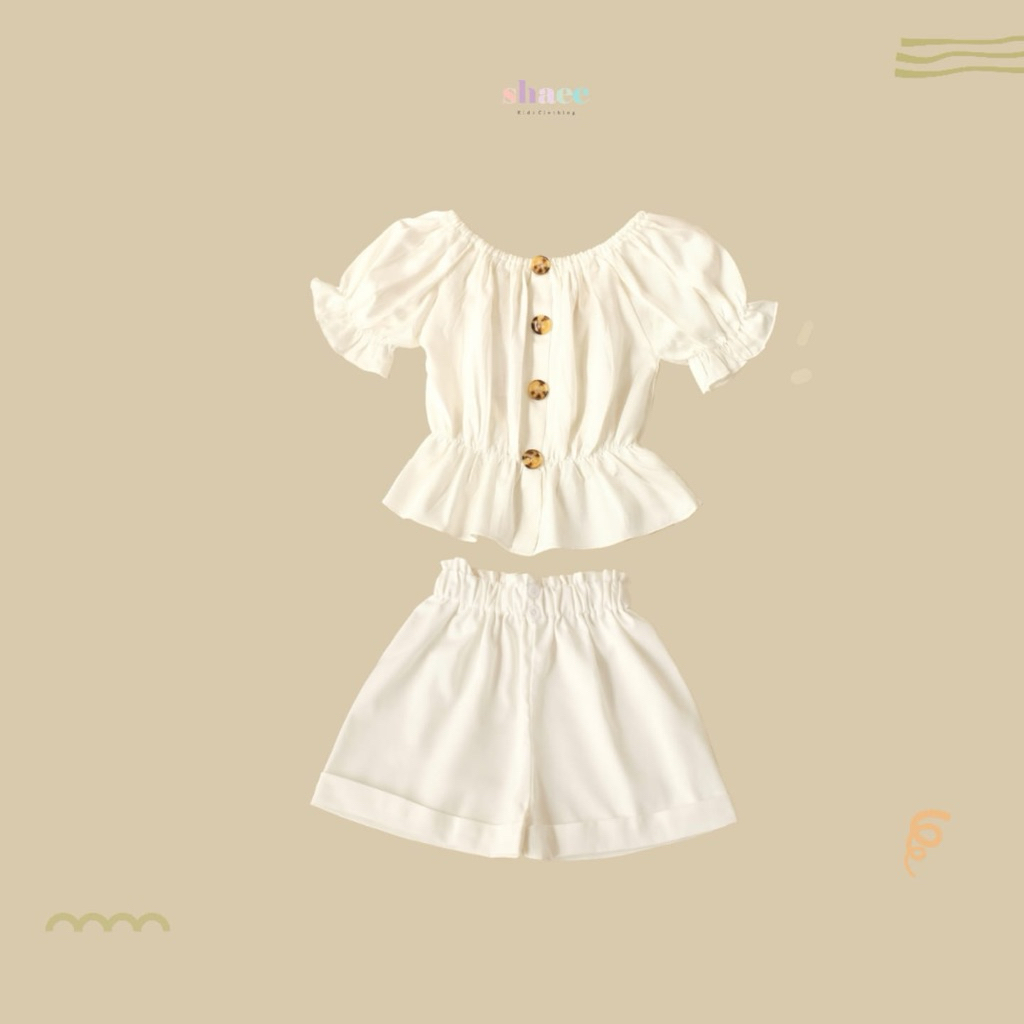 Baju Set Anak Perempuan Warna Putih 1-6 Tahun | Blouse Anak Lengan Puff Kancing Depan + Celana Pende