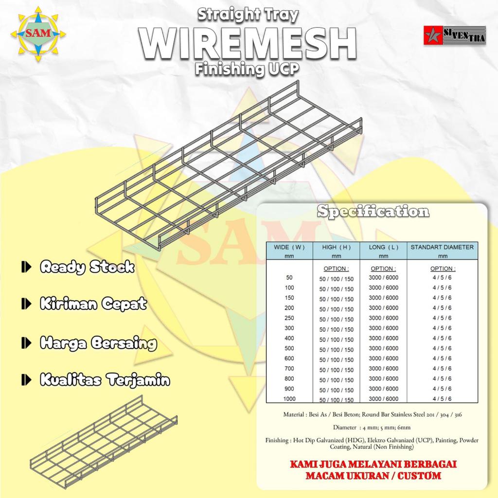 Cable Tray Wiremesh/BRC/Kawat/Cage - W250xH100xL3000mm - Dia 5 mm - UCP