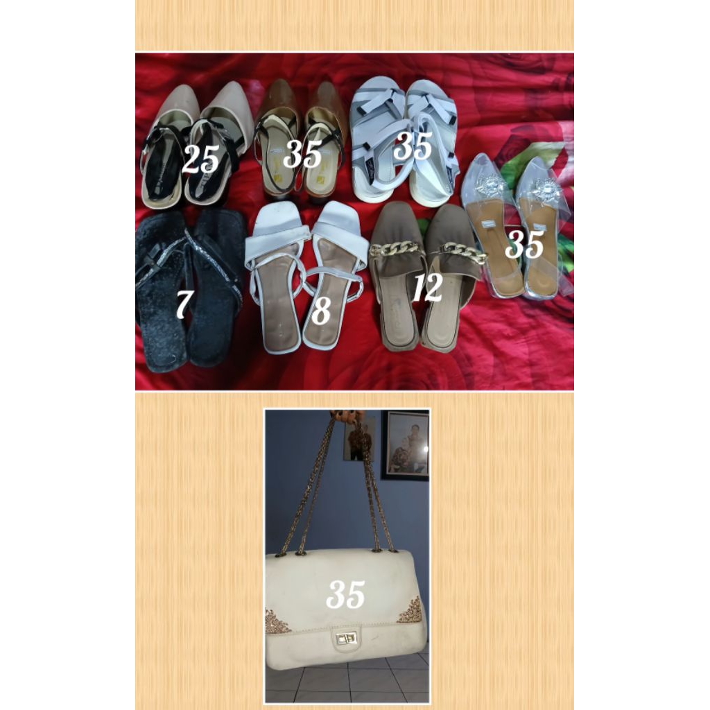 pl sandal dan heels. ukuran semua 37 cm kecuali sandal gunung putih dan flatshoes kaca ukuran 42cm