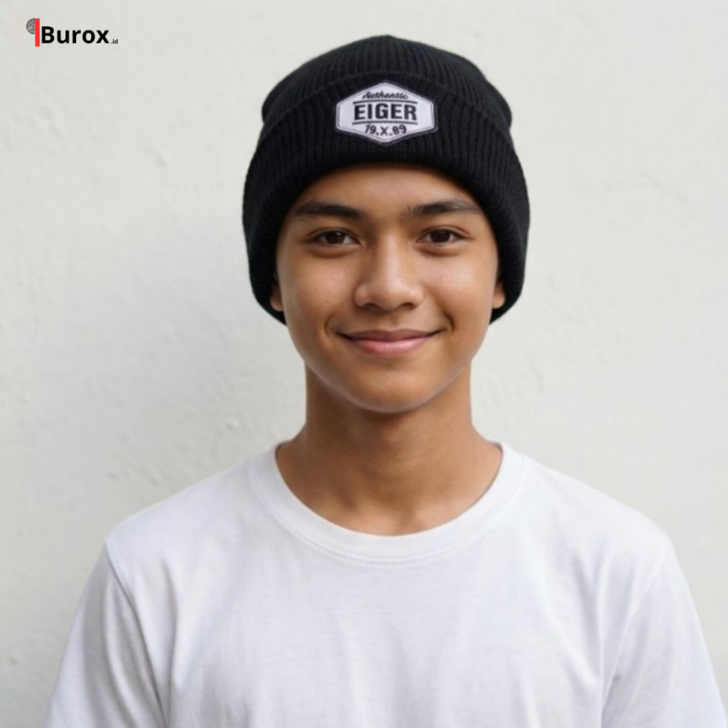 Topi Kupluk Rajut Beanie Hat Pria/Wanita Logo AUTHENTIC EIGER 1989 Tebal Premium V1 Hitam Putih