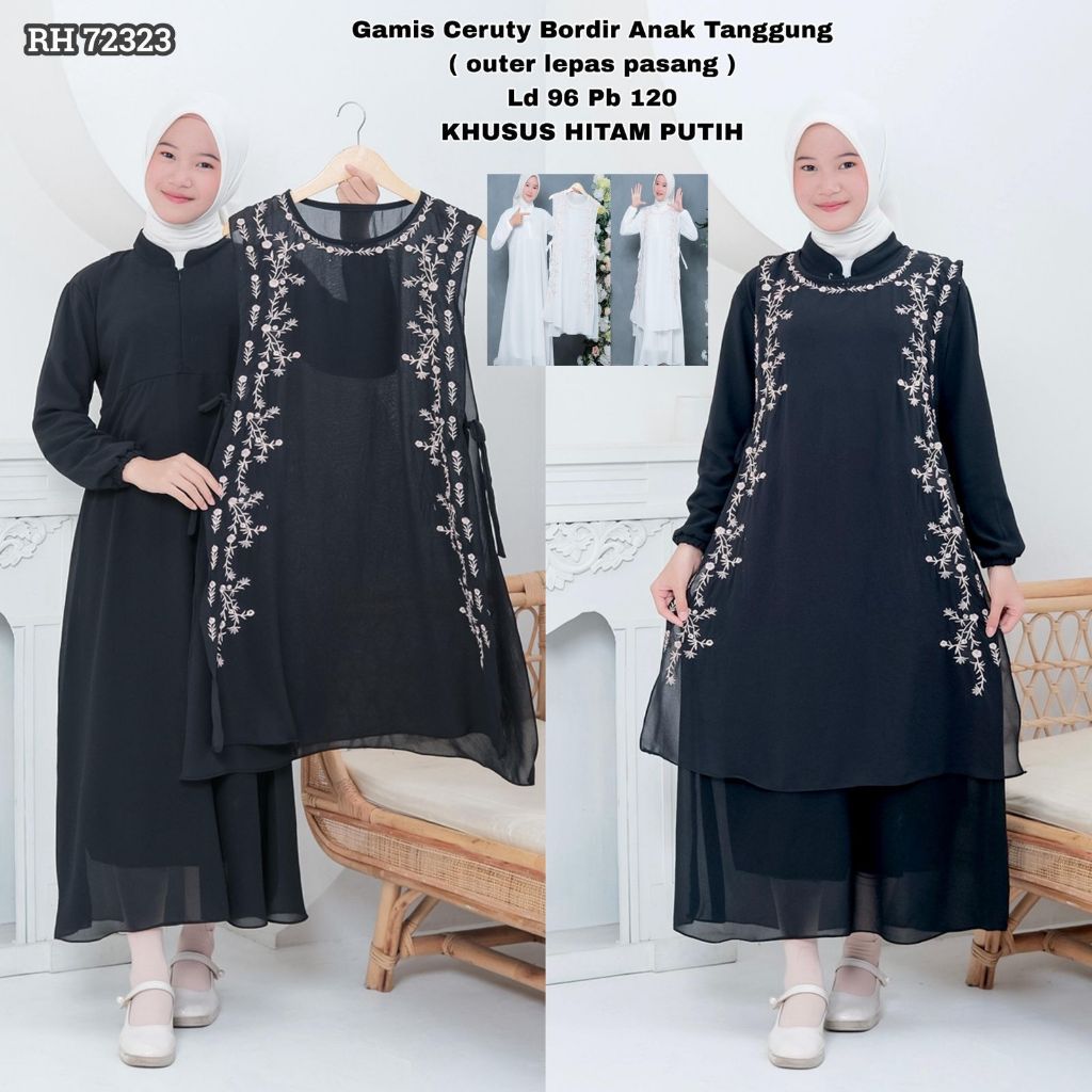 RH 72323 (isi 2) ASYA Anak Tanggung Gamis Ceruty Bordir Outer Lepas Pasang Lebar Mayung Syari Jilbab