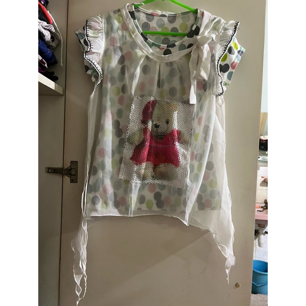 Atasan Wanita Bahan Kaos Mix Sifon Hijau Polkadot