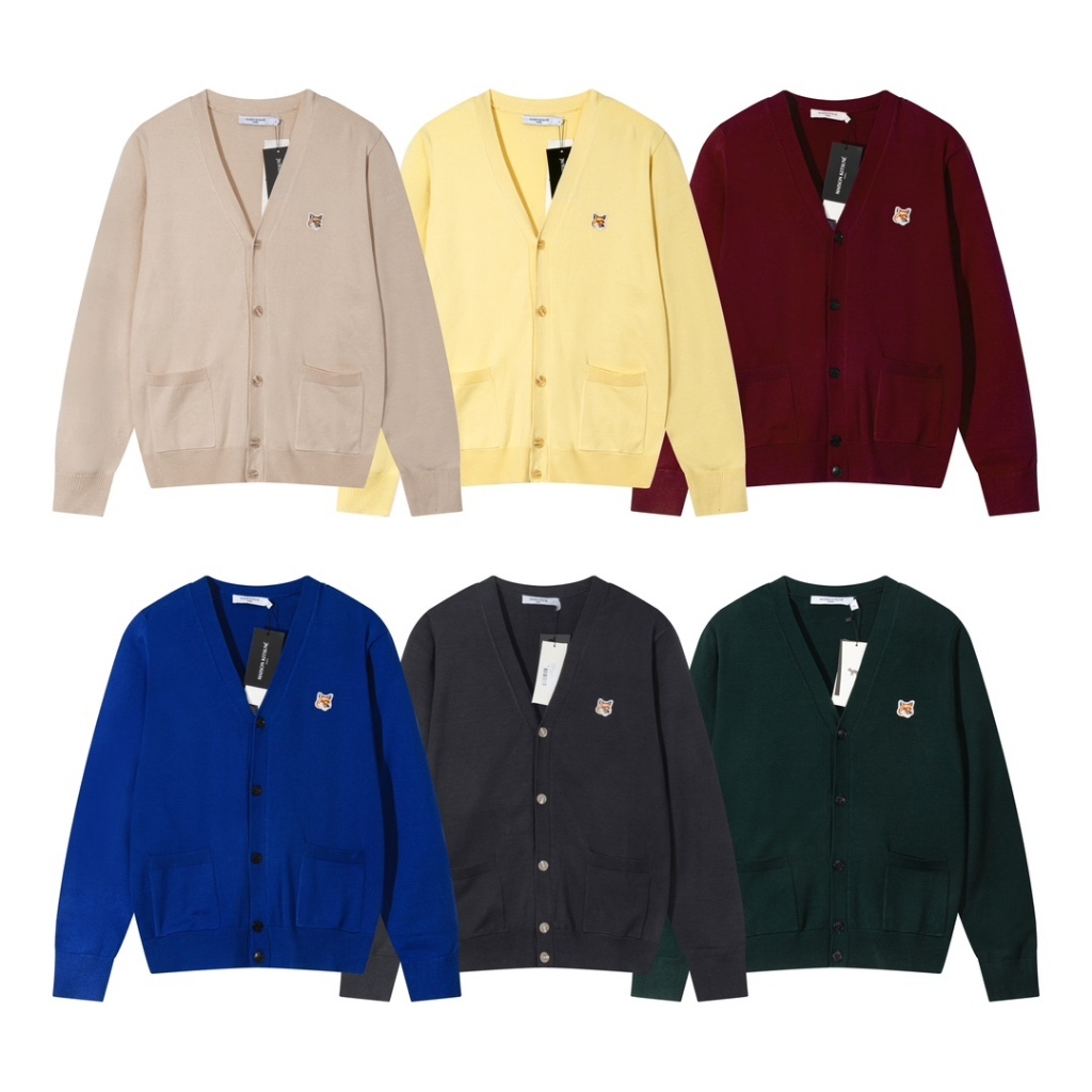 MAISON KITSUNE Sweater V-neck Bordir Kepala Rubah Klasik, Cardigan Unisex A081#