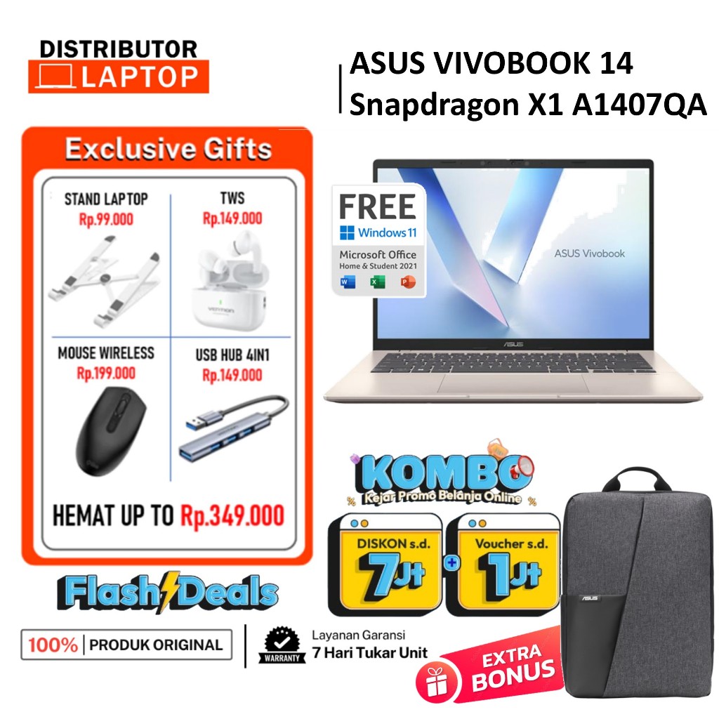 ASUS VIVOBOOK 14 Snapdragon X1 A1407QA Snapdragon X1 16GB 512GB W11+OHS - LAPTOP ULTRABOOK NOTEBOOK