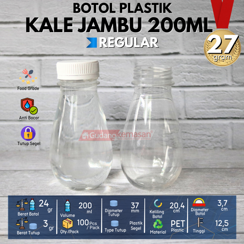 BOTOL PELASTIK PET 200ML KALE JAMBU MINUMAN MINERAL JUS SUSU KOPI TUTUP WARNA WARNI