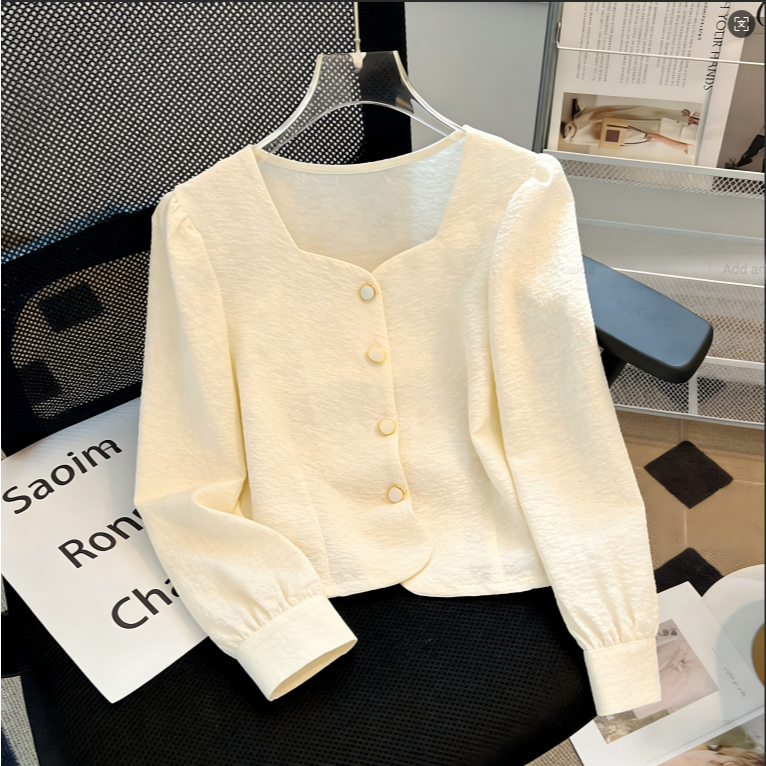 Atasan Crop Blus Wanita Lengan Panjang Putih Polos Gaya Korea Terbaru