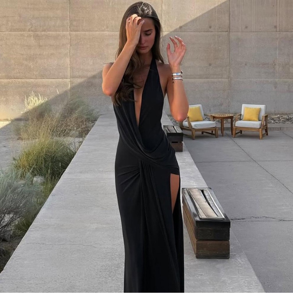 Pasley Dress long panjang baju pakaian terusan black low cut halter vneck backless open slit maxi bl