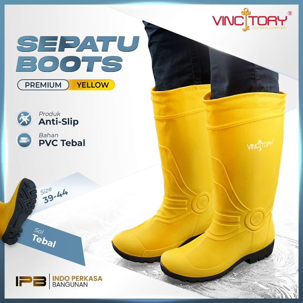 Sepatu Boots Safety Proyek JBS 12grain Flat PVC Karet Hitam Kuning Vincitory | 2823-2834