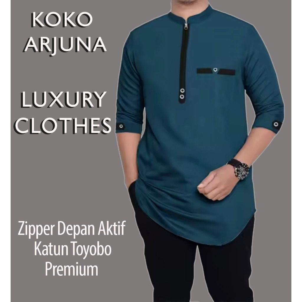 ARJUN - BAJU KOKO KAOS KURTA PRIA LENGAN 3/4 KATUN ADEM M L XL XXL JUMBO ACARA LEBARAN SERAGAMAN WAR