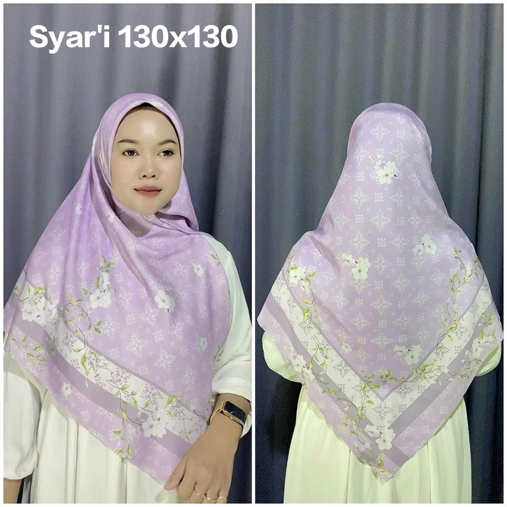 HIJAB SEGI EMPAT SYAR'I JUMBO VOAL MOTIF BUNGA QIRANI UNGU LILAC UK 130X130 SYARI JUMBO