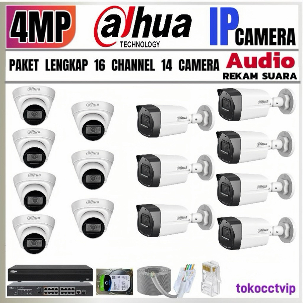 PAKET CCTV DAHUA  IP  CAMERA  4MP AUDIO  16 CH  14 KAMERA ( REKAM  SUARA ) KOMPLIT