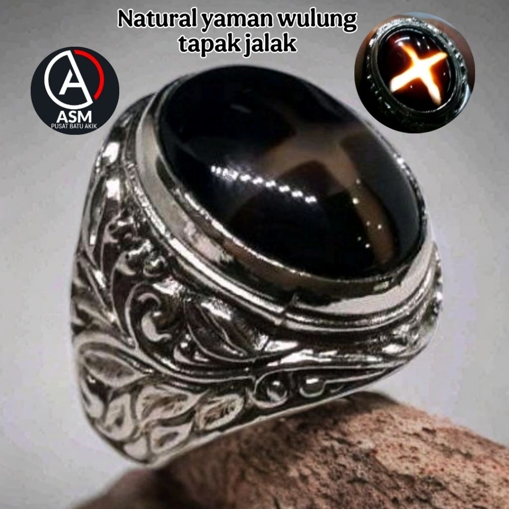 Cincin natural Yaman Wulung tapak jalak tembus senter Batu asli 100%