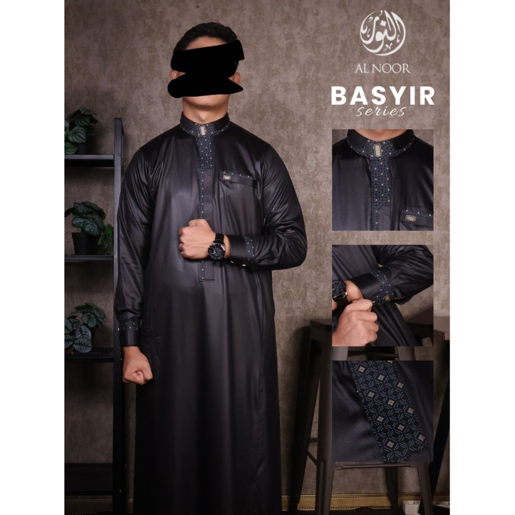 Jubah Alnoor Basyir Hitam Kombinasi Lengan Manset edisi terbaru