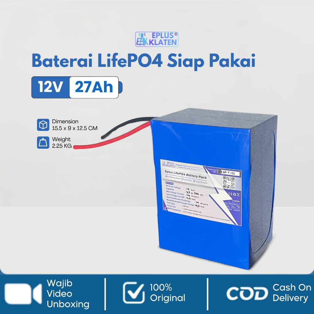 Battery LifePO4 12V 27Ah 12 Volt + BMS Siap Pakai Baterai Setrum PDC Ikan Accu Aki Motor - BT123