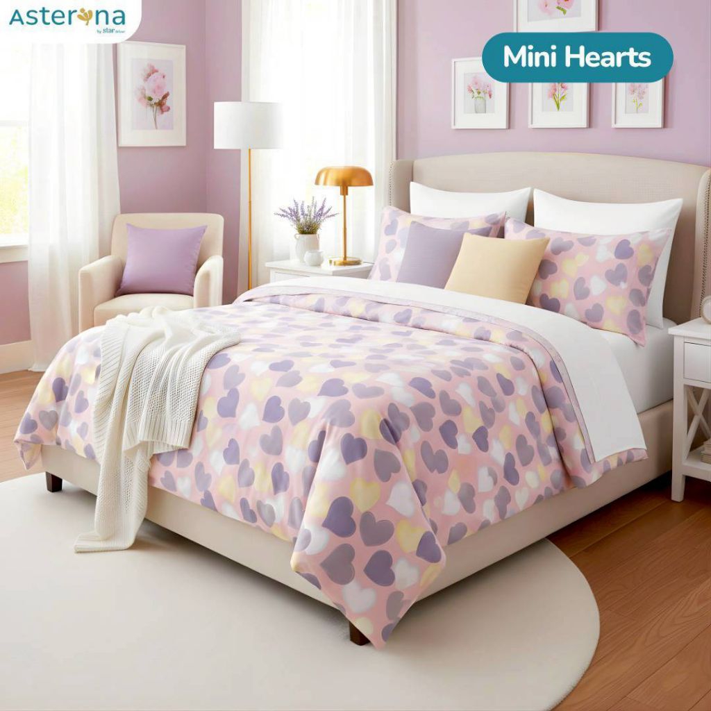 Sprei Karakter Anak Mini Hearts Ungu Sarung Bantal Guling Ukuran Lengkap Kain Karet