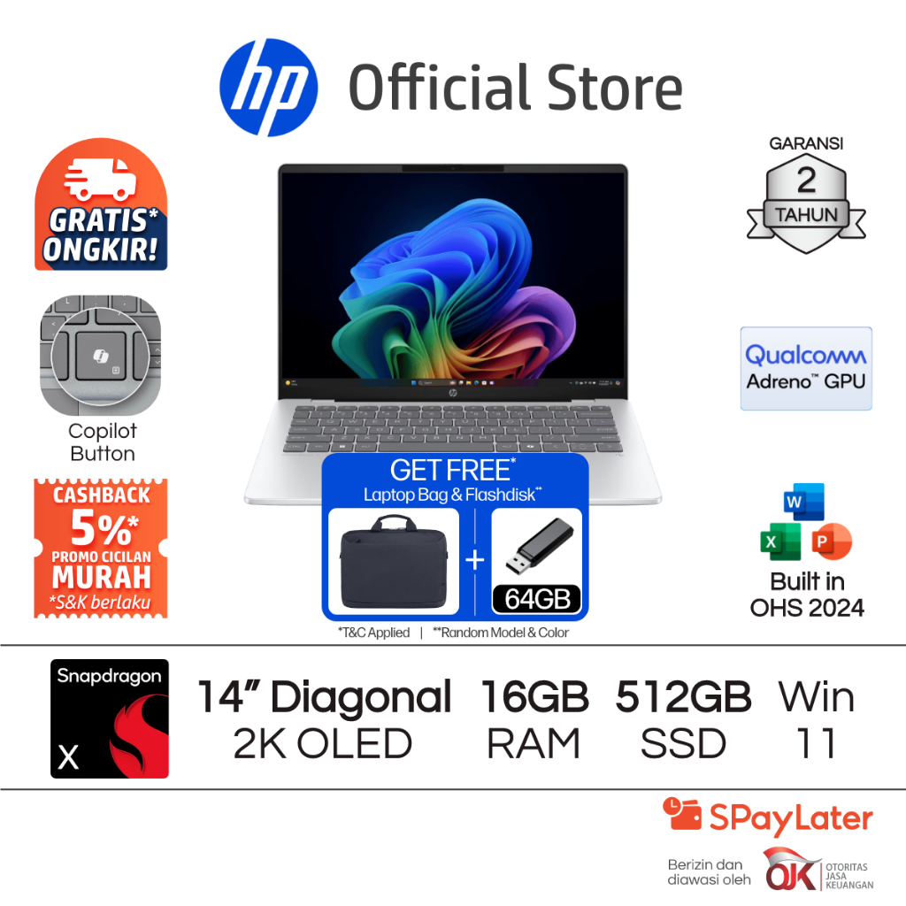 Laptop HP OmniBook 5  Snapdragon X Qualcomm Adreno 16GB RAM 512GB SSD Silver Free Windows 11 Home 14
