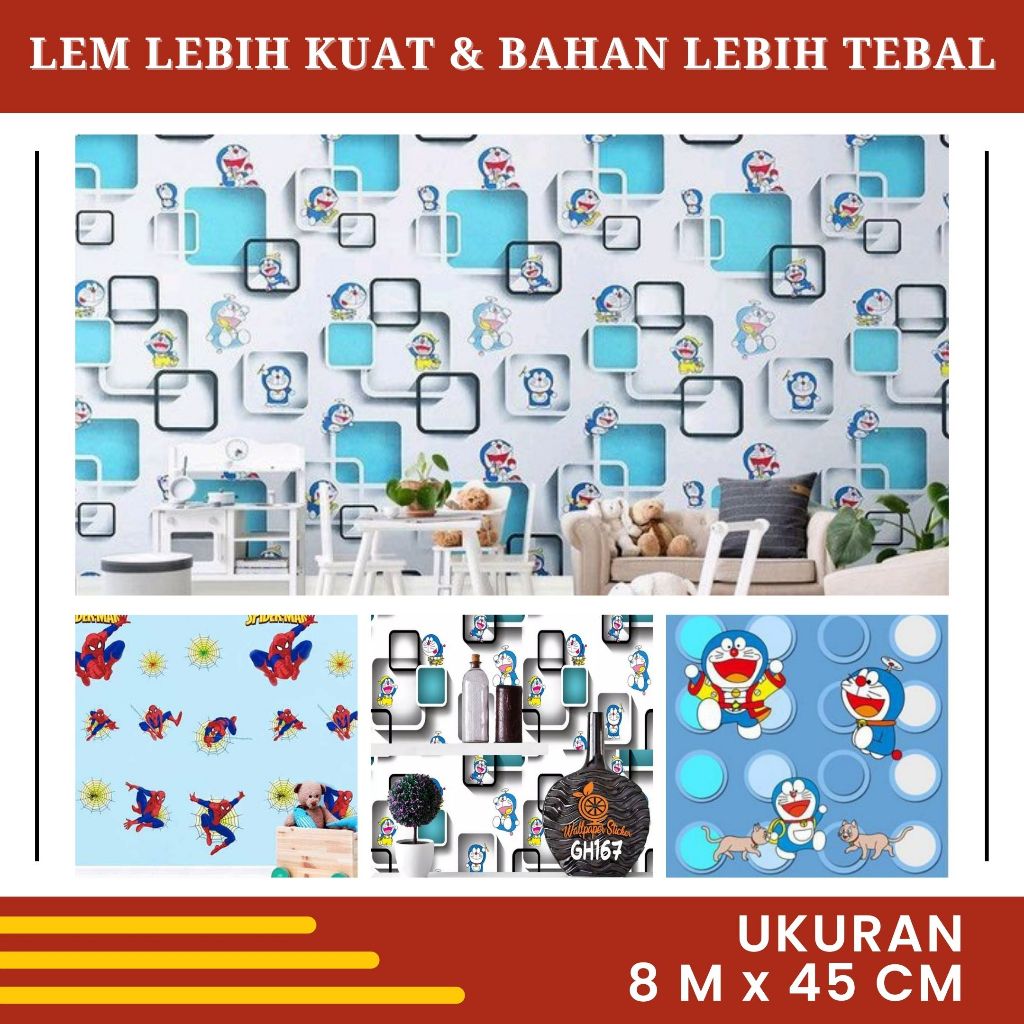 Wallpaper Stiker Dinding Kamar Tidur Anak Cowok Walpaper Dekorasi Karakter Doraemon PVC Premium