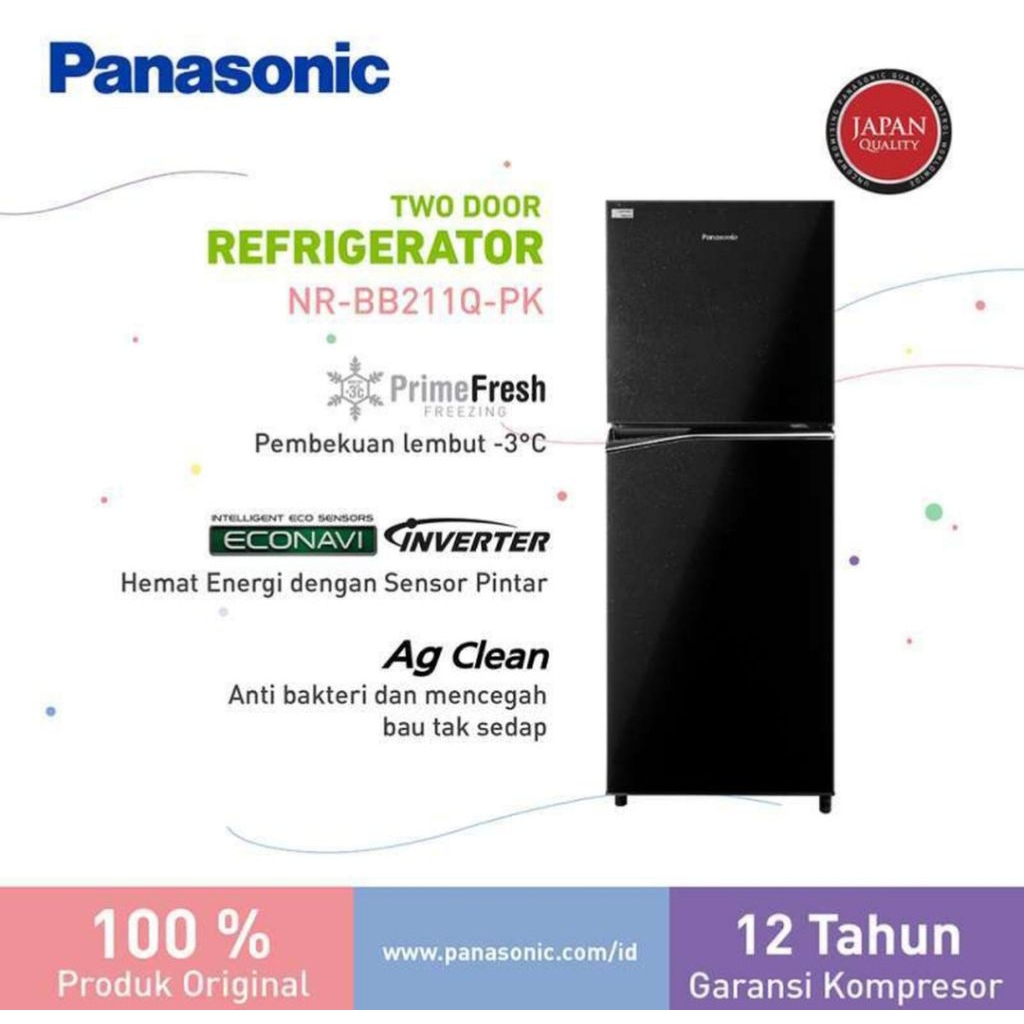 KULKAS PANASONIC 2 PINTU NR-BB221Q-PK INVERTER KULKAS PANASONIC 2PINTU PANASONIC NRBB 221 QPK