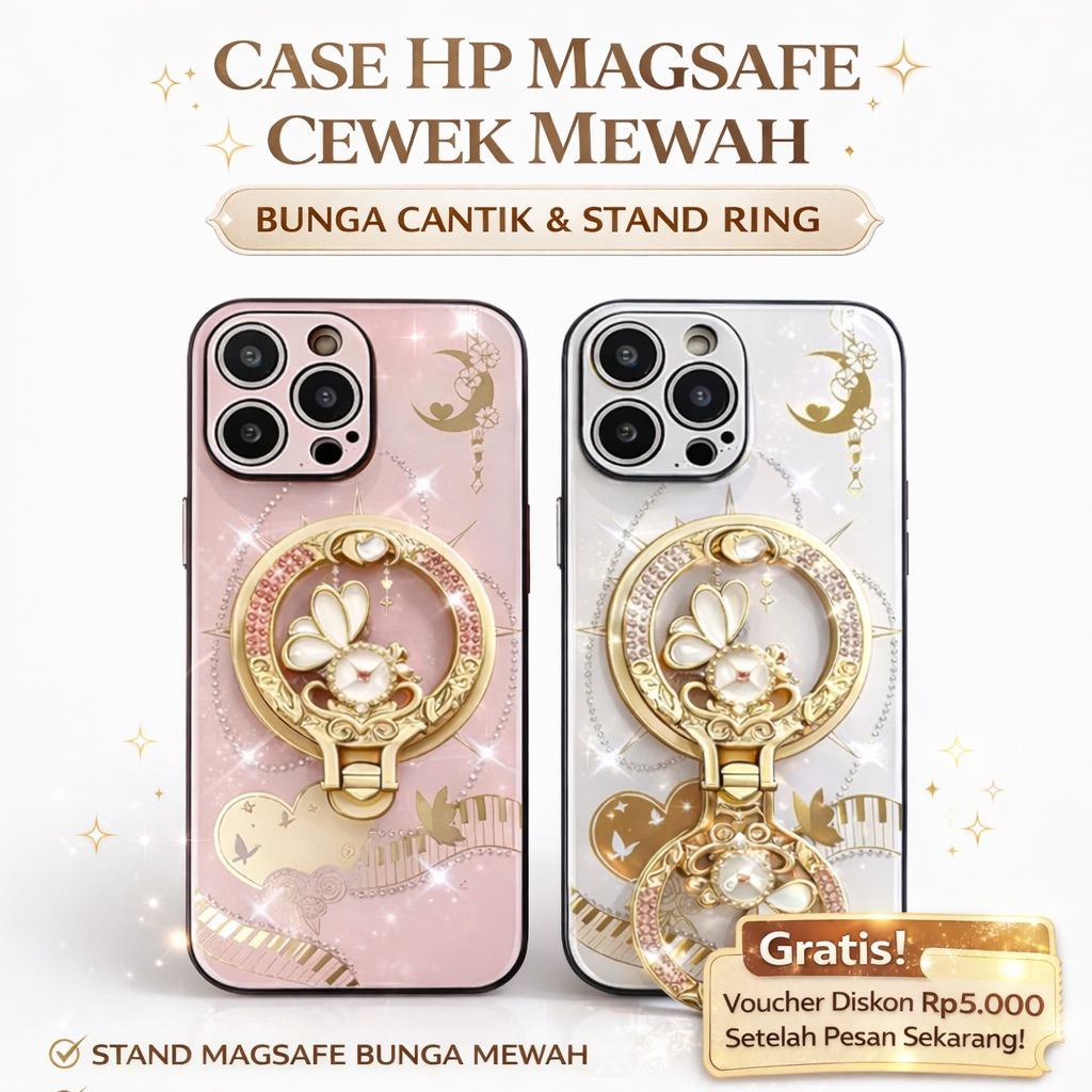R-JUST CASE HP RING STAND MAGSAFE CASING CEWEK BUNGA MEWAH IPHONE 11 12 13 14 15 PLUS PRO PRO MAX