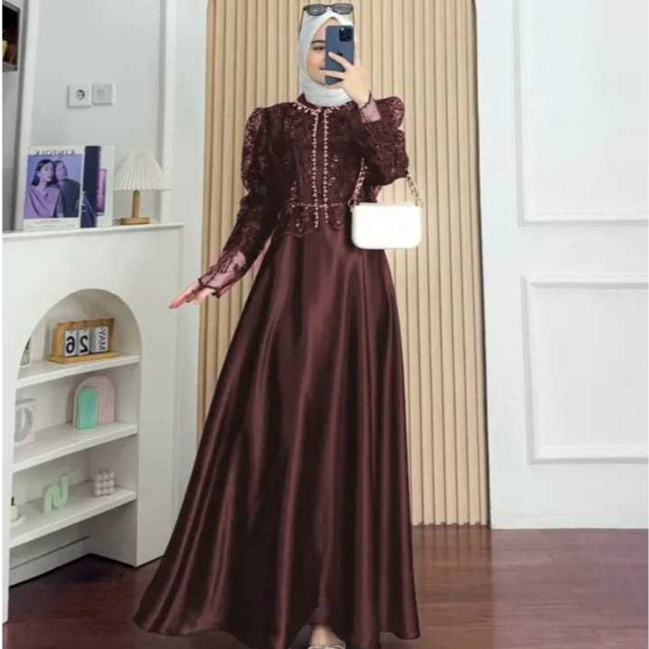 SAKURA GAMIS WANITA BAHAN SUTRA BRUKAT PAYET MODEL MEWAH KEKINIAN TERBARU