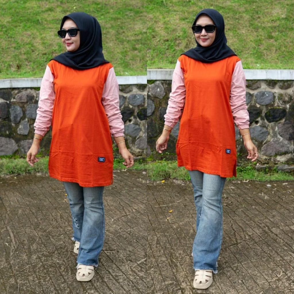 TUNIK KOMBINASI JUMBO POLOS TANGAN PANJANG OVERDEK JAHITAN KOMBINASI WARNA BAHAN KATUN KOMBET 20S KU