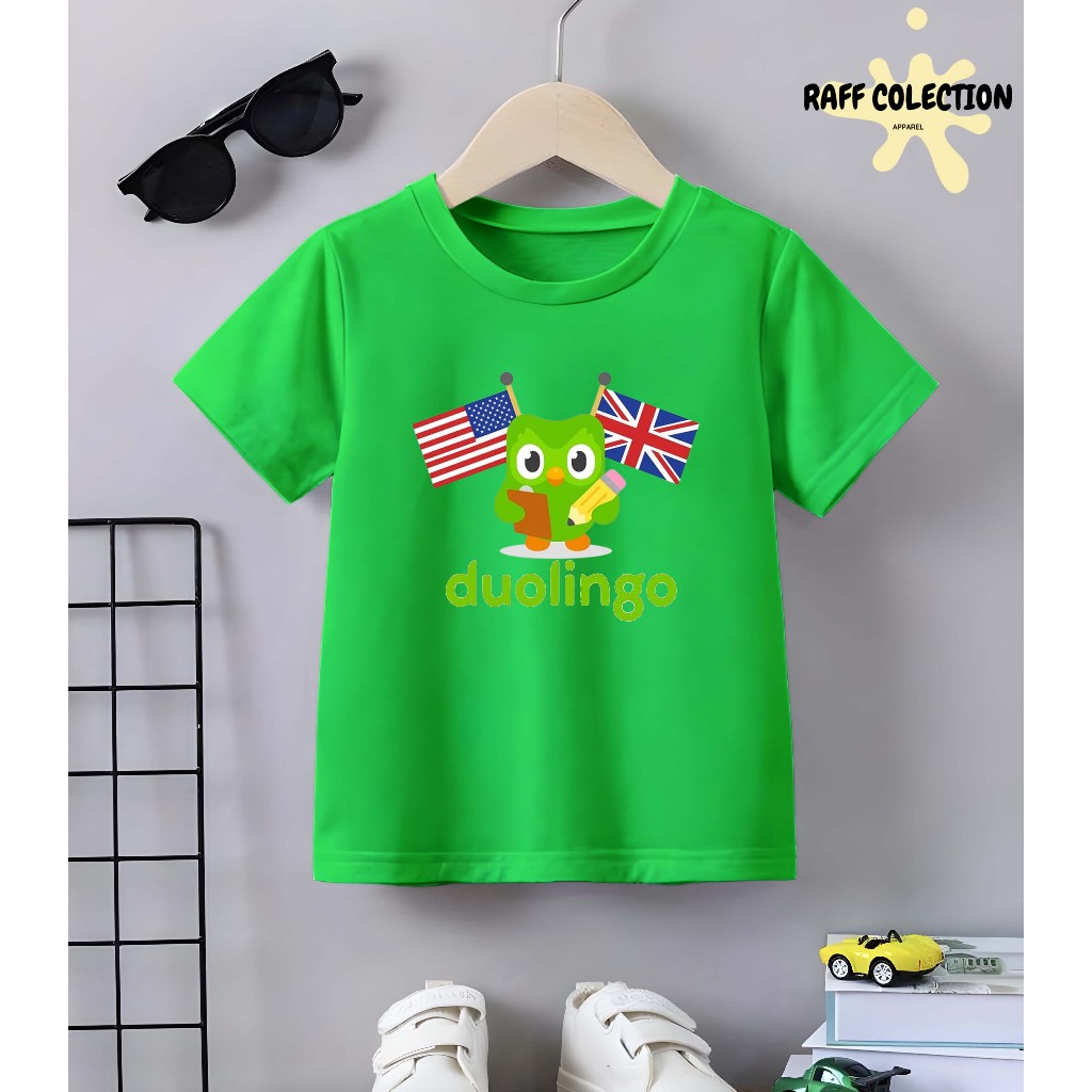 [FREE NAMA] Baju Kaos Anak Lengan Pendek Motif KARAKTER DUOLINGO BENDERA Bahan Premium UNISEX