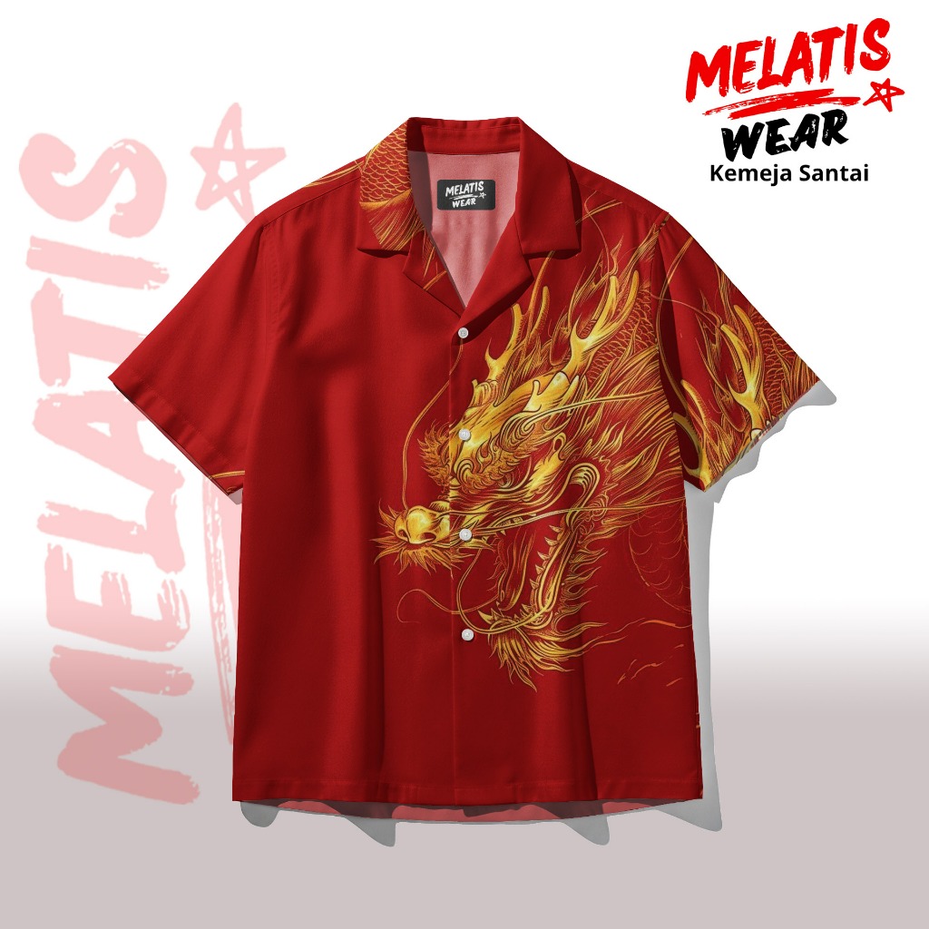 MELATIS Kemeja Pria Motif Kepala Naga Emas Merah Imlek Casual Premium Bahan Adem | MW-197
