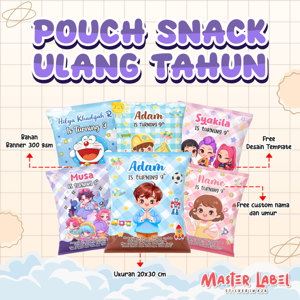 Snack Pouch Banner Ultah Custom - Pouch Birthday - Model Desain Unik, Premium, Lucu & Siap Pakai