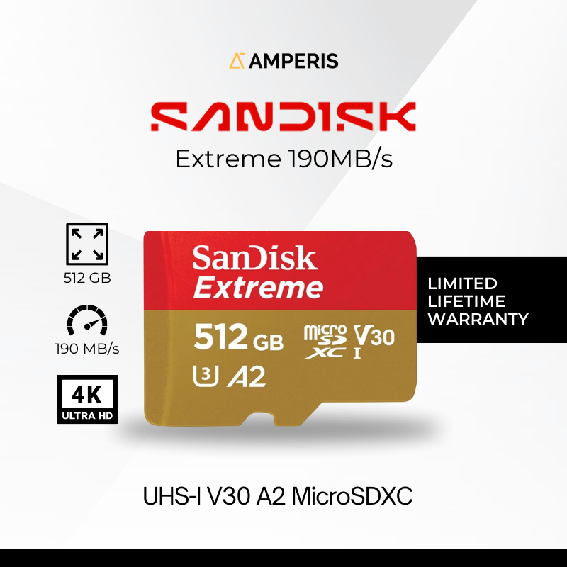 SANDISK Extreme MicroSDXC 512GB 190MB/s 4K UHS-1 C10 U3 V30 A2 for Smartphone CCTV Drone