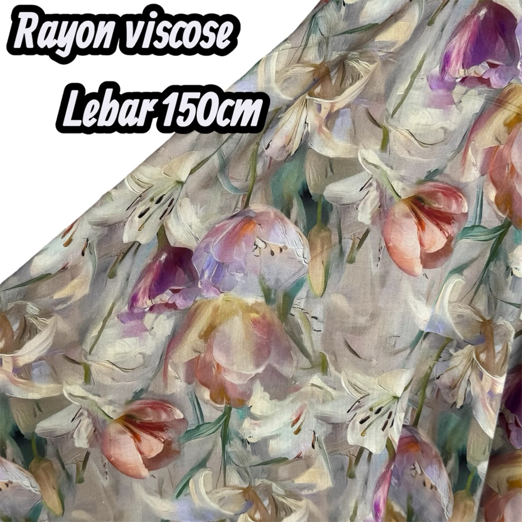 kain katun rayon viscose premium - rayon motif bunga tulip - rayon meteran - adem - lembut {RYO}