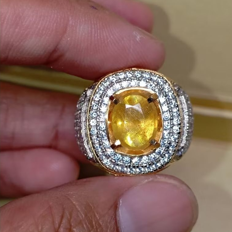 Cincin batu permata natural yellow sapphire + Memo GLI