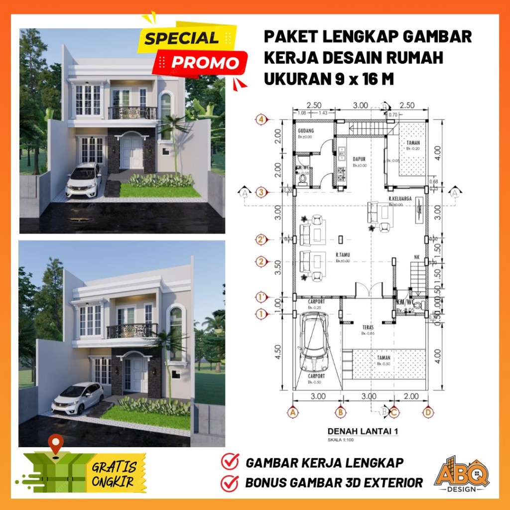 Gambar Kerja Desain Rumah 2 Lantai Ukuran 9 x 16 meter 3 Kamar Tidur