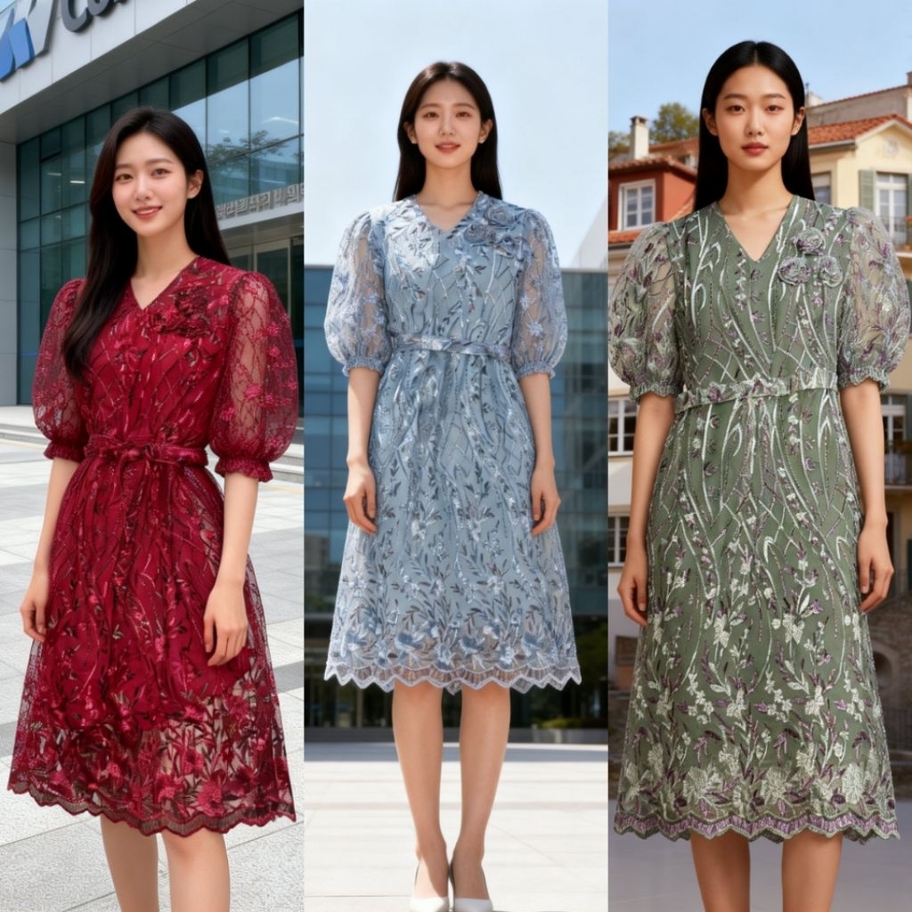 Dress Tile Bordir Mawar Lengan Balon 71276/Dress Kondangan/Dress Pesta RumahButikBellicia