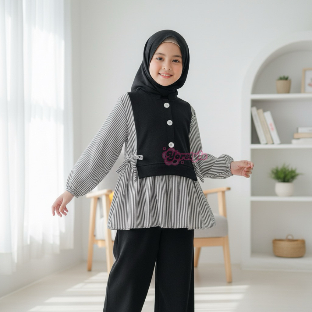 Yorr Style - ZASKIA SET KIDS Setelan Anak Perempuan 5-12 Tahun Bahan Knit Mix Salur Poli Katun Model