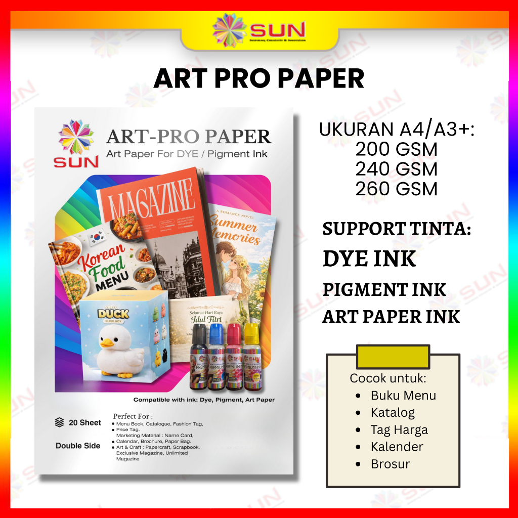 Kertas Art Paper Untuk Tinta Dye - SUN ART PRO PAPER 200, 240, 260 gram A3+ ( Support epson canon hp