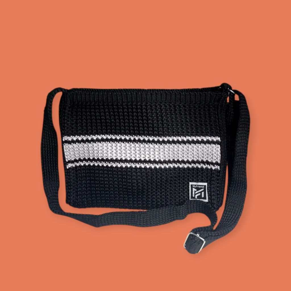 Tas Rajut Resleting Selempang Wanita Muat Hp dompet Motif Garis