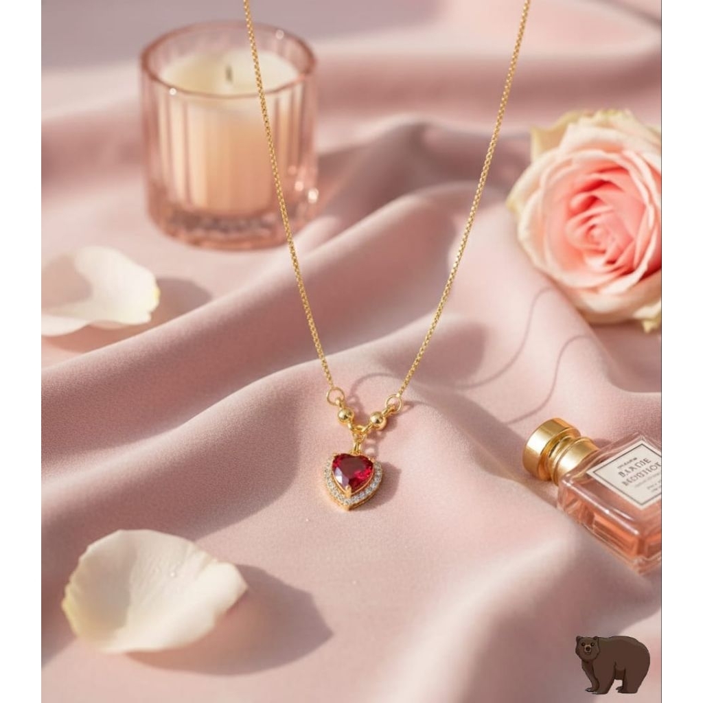 TINYTRILLS Kalung Wanita Liontin Hati Ruby Merah Lapis Emas Anti Karat Kalung Heart Red Crystal Gold