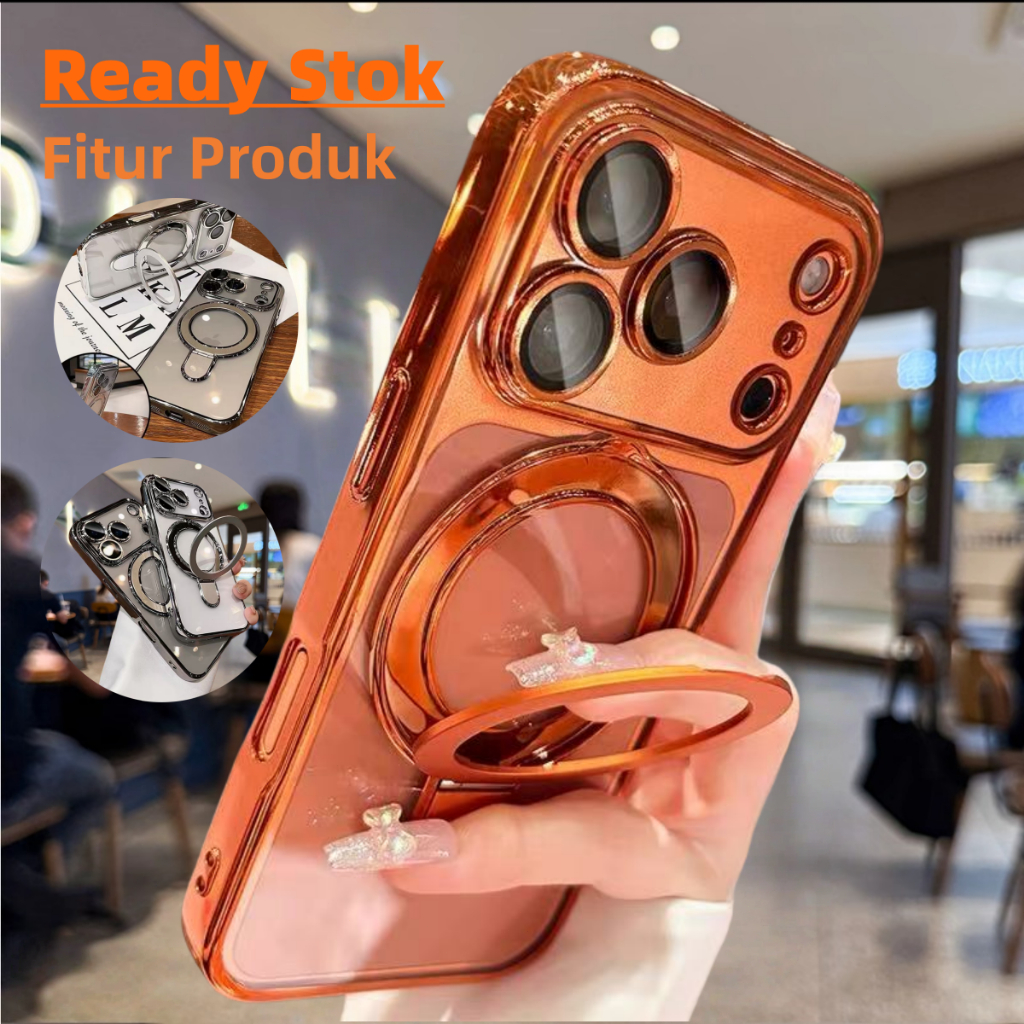 Ready Stok Case HP iPhone12 13 14 15 16 17 ProMax Titanium Magnetic Oranye Kosmik Bracket Lipat Ters