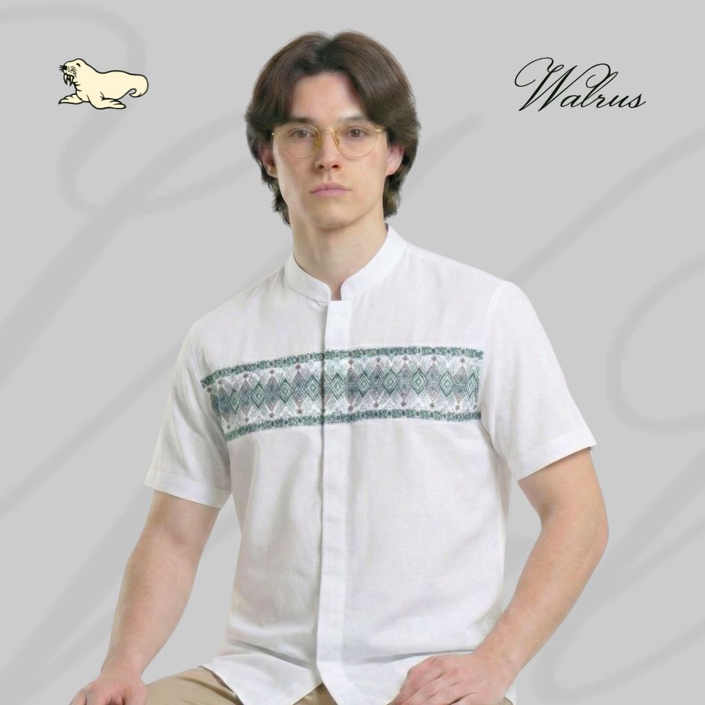 WALRUS Hanif Geometric Baju Koko Pria Lengan Pendek Kemeja Muslim Collarless
