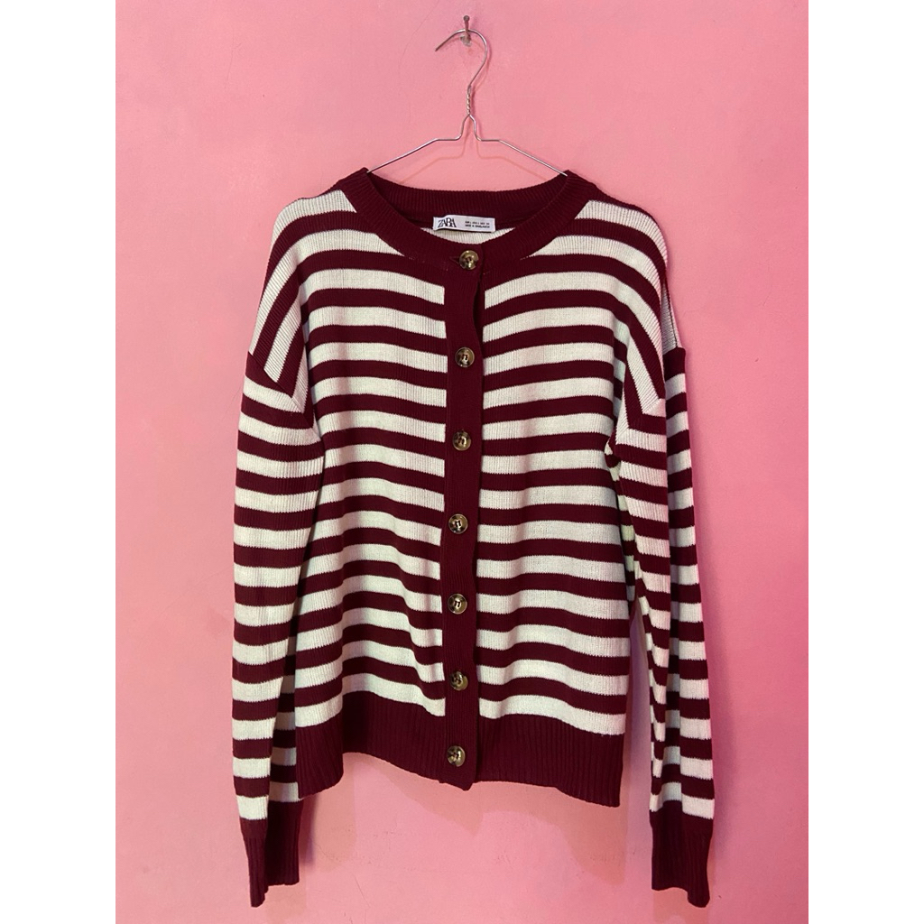 Preloved Cardigan ZARA Striped Maroon Size L (Sisa Export)