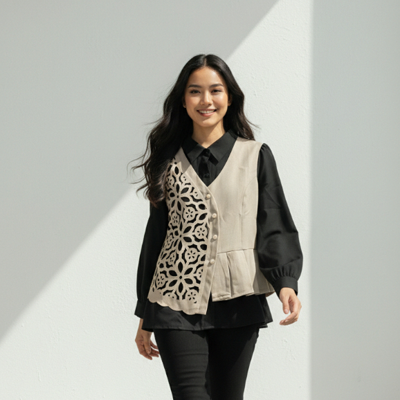 Aruna Vest Shirt | Atasan Wanita Hitam Cream Vest Layer Laser Cut Lengan Panjang