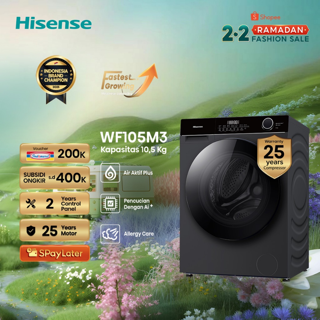 Hisense Mesin Cuci WF105M3 Front Loading Kapasitas 10.5KG 1 Tabung Bukaan Depan Active Water Plus AI
