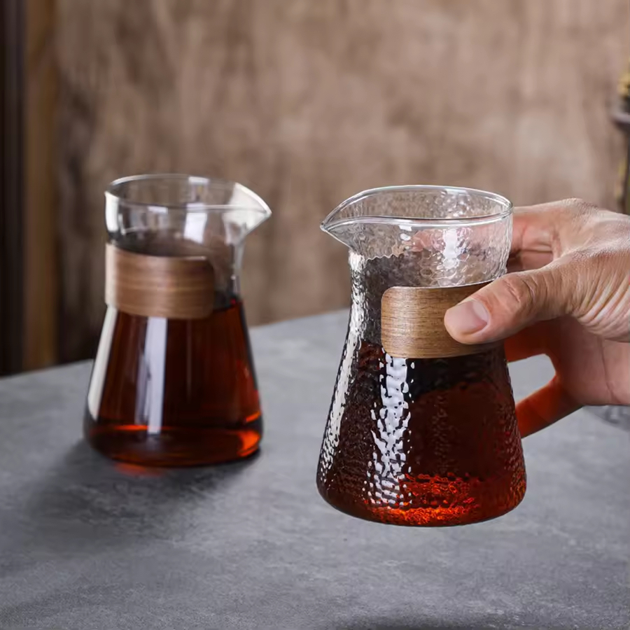 Teko kaca teko unik estetik teko kopi Over Coffee Server Glass Carafe wooden sleeve 500ml