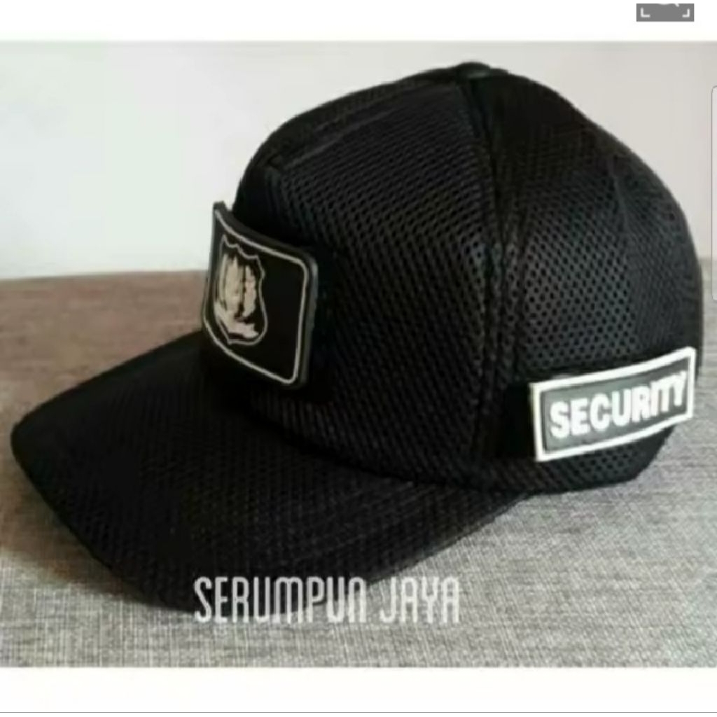 TOPI JARING DOUBLE MESH HITAM SECURITY LOGO PUTIH 3 PATCH RUBBER - TOPI SECURITY LOGO PUTIH TEMPELAN