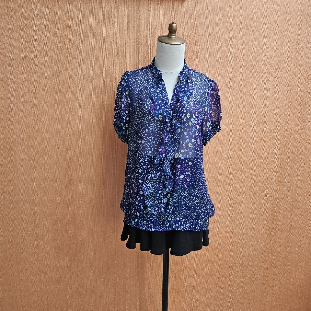 atasan kemeja wanita biru motif bunga kecil BLF WOMAN cewek L lengan pendek transparan