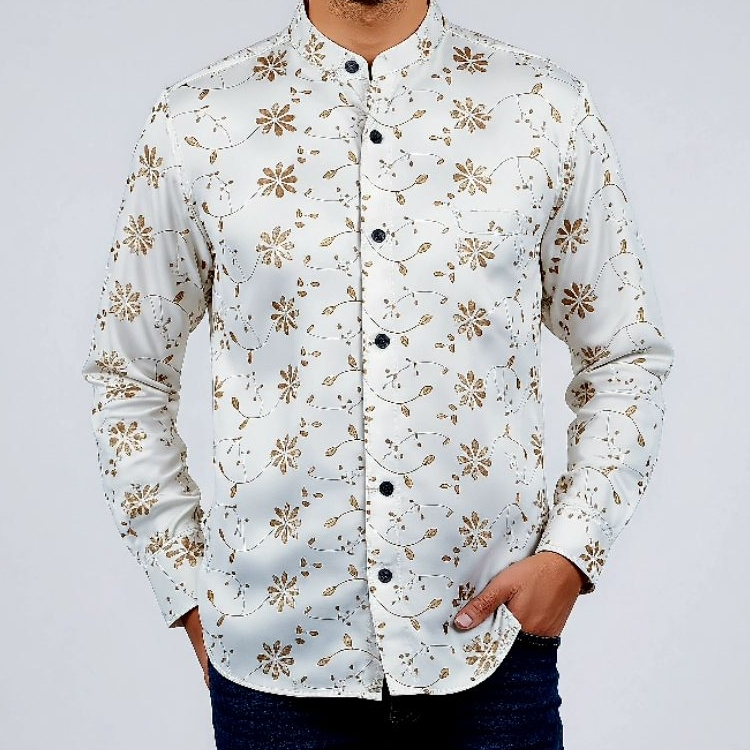 ASB Kemeja Pria Lengan Panjang Kerah Shanghai Putih Bordir Emas Slim Baju Koko Modern Kemko Shoba