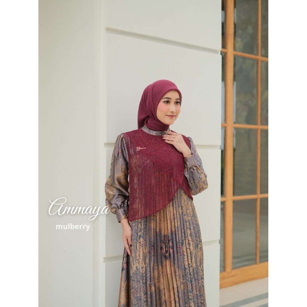Ready Stock Ammaya Dress By Yumna Premium | Dress Yumna Premium | Gamis Plisket Wanita Mix Brokat