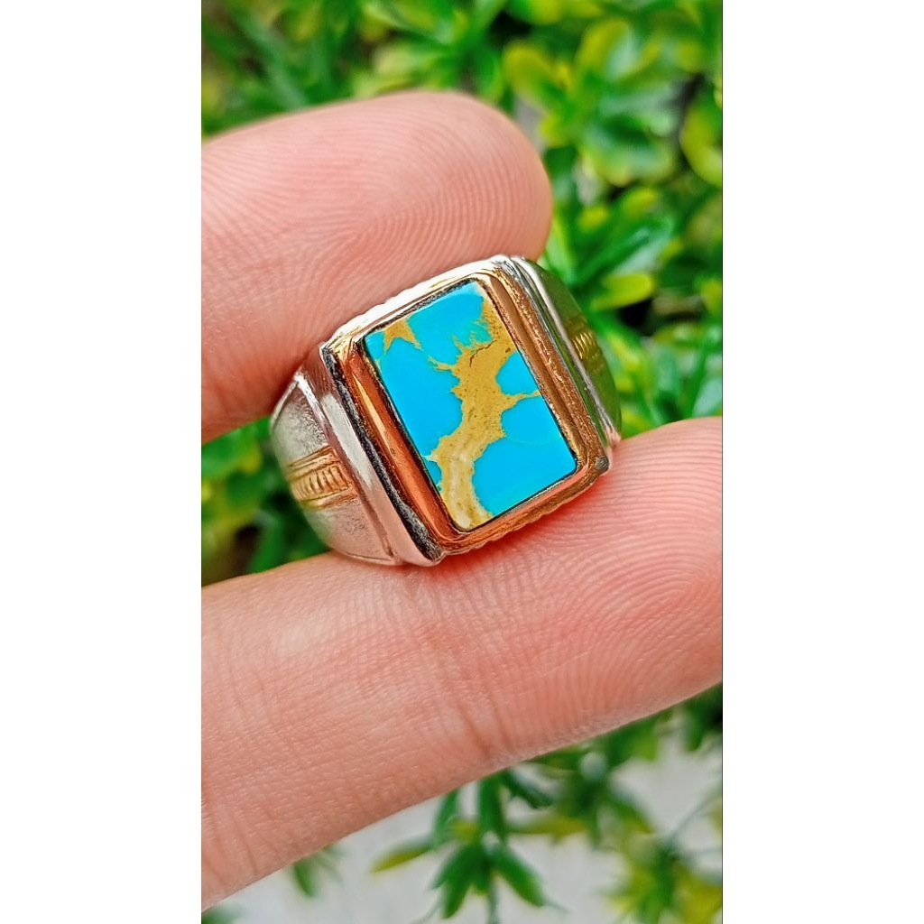 Natural pirus Persia oktagon biru urat emas