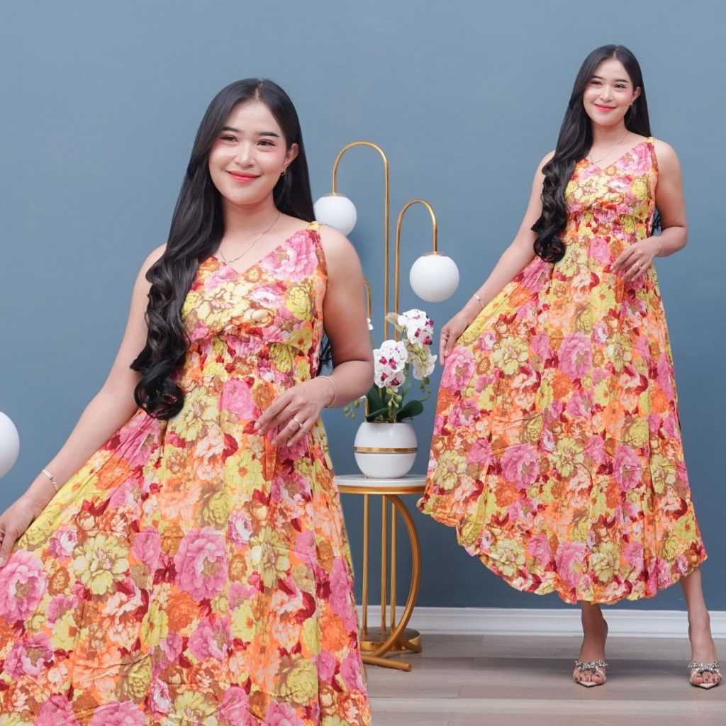 Yukensi - Daster Jumbo Panjang Motif Bunga Tanpa Lengan | All Size M - L - XL–XXXL | Adem & Nyaman